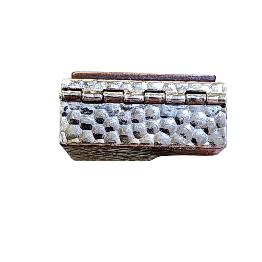 Vintage Wood Trinket Pill Box Case Silver Metal Hammered Etched Canadian Emblem